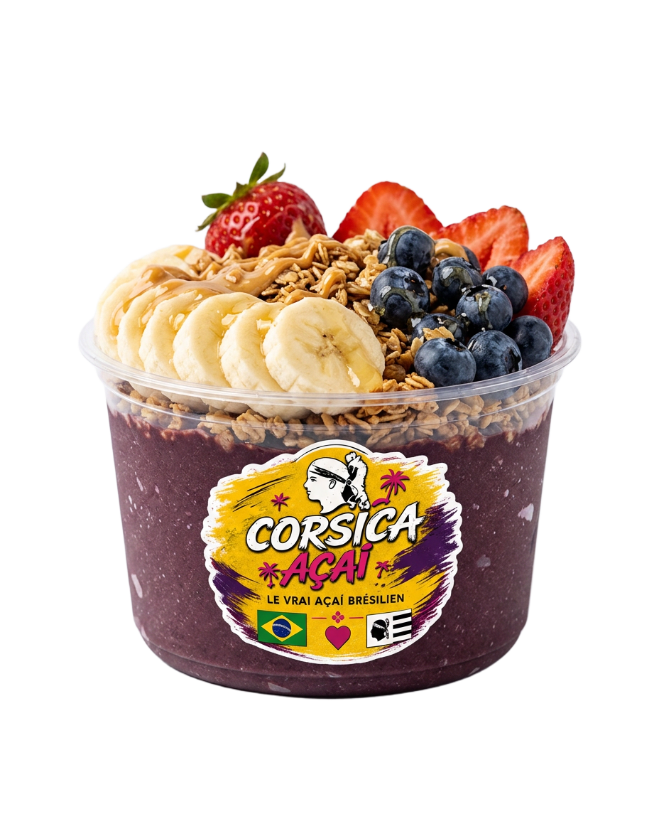 Bowl açaí Corsica Açaí garni de bananes, myrtilles, fraises et beurre de cacahuète